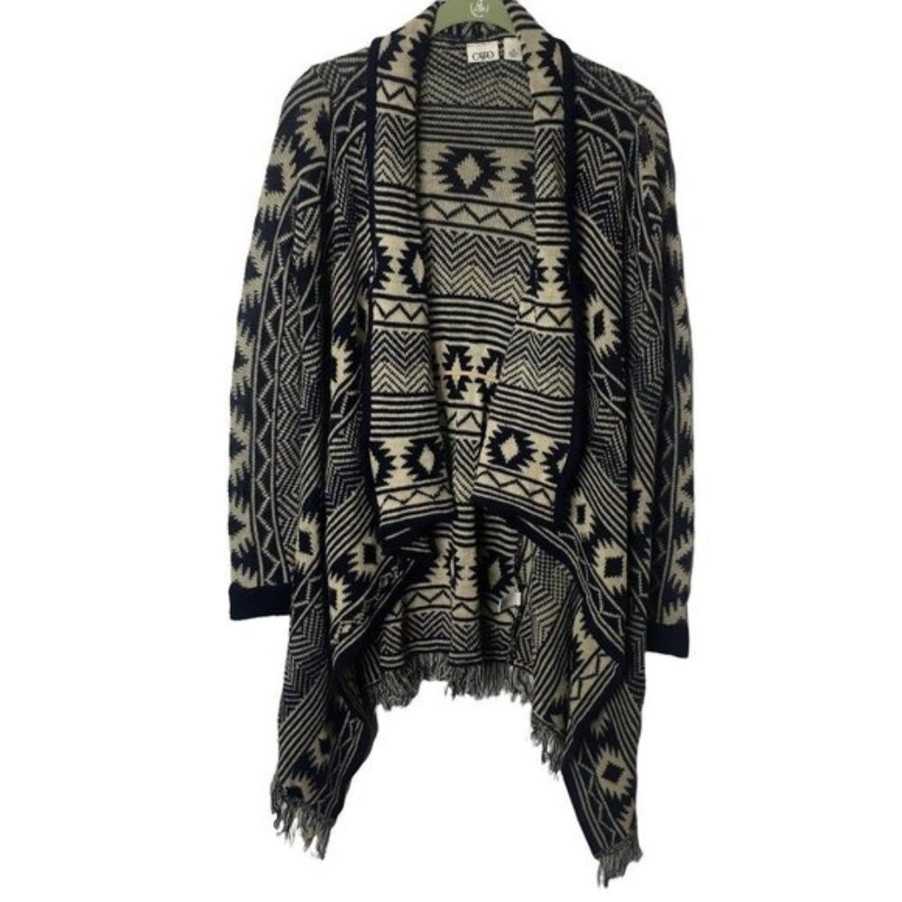 Cato Cardigan Sweater Navy Blue Beige Aztec Open Front Waterfall Size Small